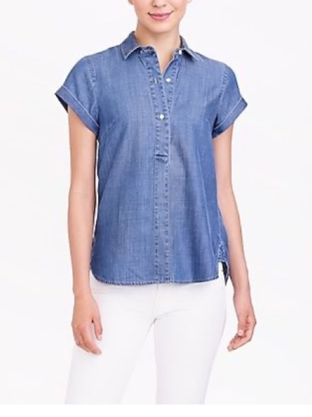 J. Crew Chambray Short-Sleeve Button Front Top - Light Blue - Picture 3 of 11